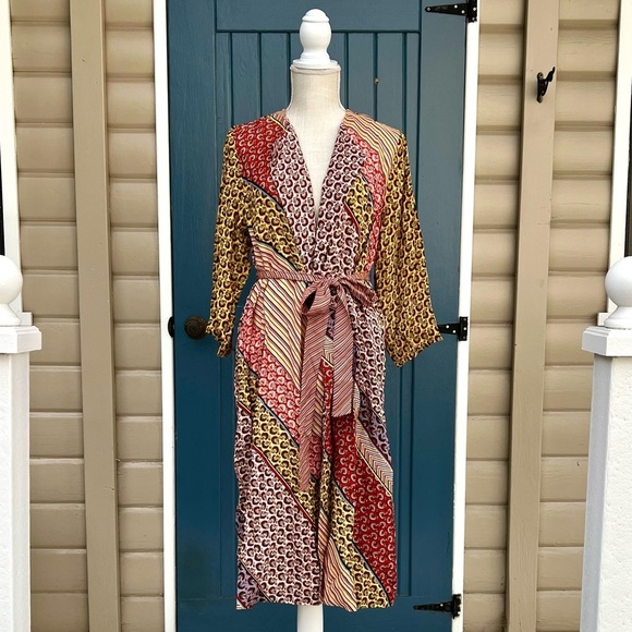 CAbi Dresses & Skirts - Cabi Multicolor Longline Kimono w/Tie and pockets Patchwork Boho Women’s Size S